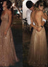 A-line/princess paillette tulle v-neck floor-length sleeveless dresses